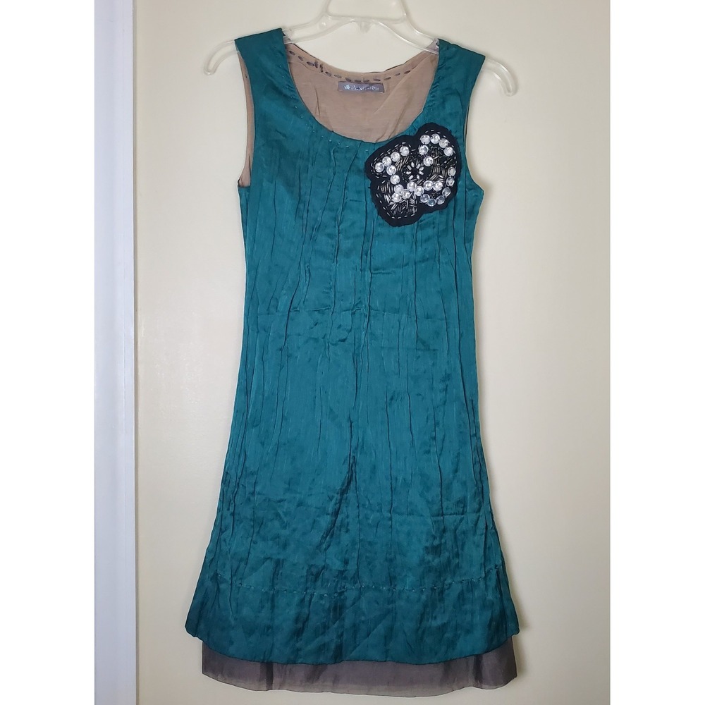 Isabelle Wen Silk Mini Dress Small Sleeveless Teal Green Crinkle Cocktail